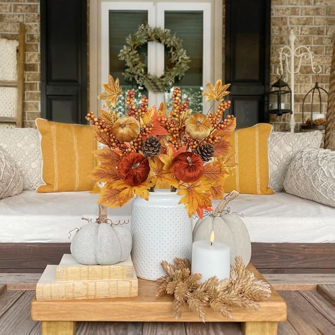 Briful 2Pack 16in Fall Picks and Sprays with Velvet Pumpkins Pinecones Berries Maple Leaves Artificial Fall Floral Branches Stems for Vases Autumn Table Centerpieces Seasonal Home Decor