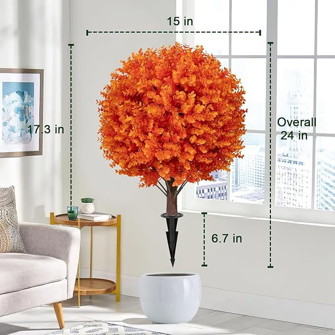 Artificial Orange Boxwood Topiary Ball Bush for Outdoor with Spike, Set of 2 UV Resistant Fall Faux Plant Boxwood Ball Tree with Stake Weatherproof Fake Round Topiary Shrub for Front Porch