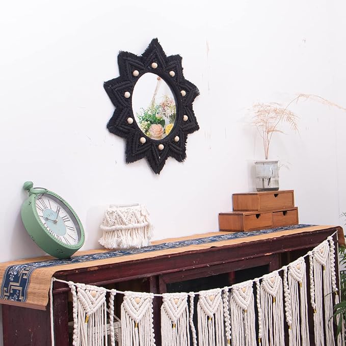 Boho Wall Hanging Mirror Macrame Bohemian Round Mirror for Bedroom Living Room Apratment