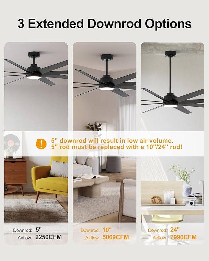 CubiCubi Ceiling Fans with Lights, 72 Inch Industrial/Modern Ceiling Fan with Light and Remote/APP Control, Kitchen Living Room Indoor Use, 35W, 3CCT, Stepless Dimmable, Quiet, Reversible, Black