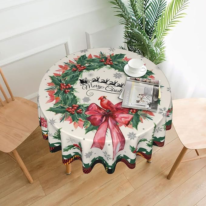 Kawani Merry Christmas Tablecloth Round 60 Inch Ruitic Red Buffalo Plaid Xmas Table Cloth Waterproof Farmhouse Flower Bird Tablecloths Decorative for Holiday Home Party Wedding Picnic
