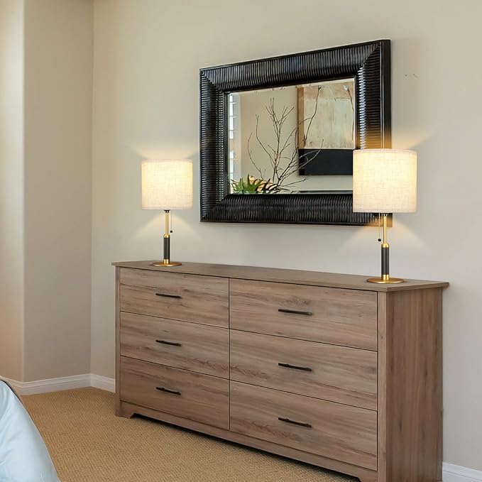 18.9" Set of 2 Small Vintage Table Lamp Bedside Lamps for Bedroom Nightstand Lamp for Living Room 3-Color Temperatures Pull Chain Wood Fabric for Home Office Dorm Decor (Light Brown+Brass)