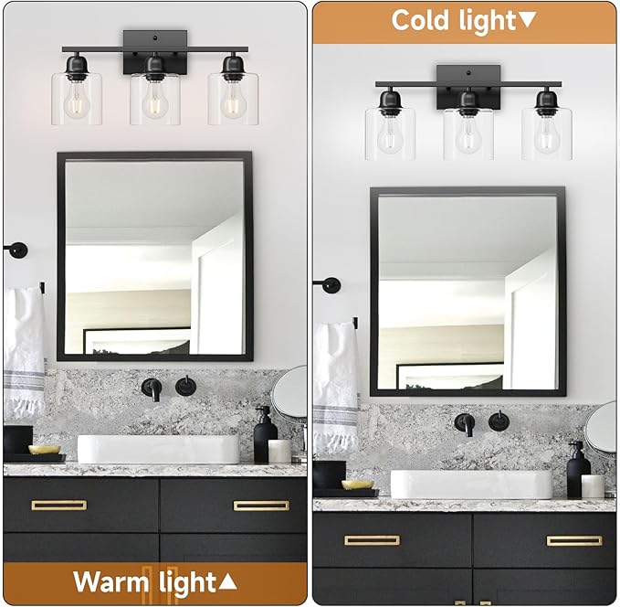 3 Light Bathroom Vanity Light, Matte Black Vanity Lights with Clear Glass for Bathroom Mirror Living Room Bedroom Hallway E26 Base
