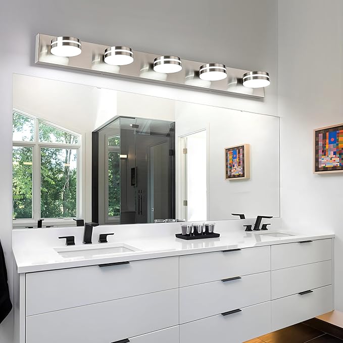 Brushed Nickel Bathroom Light Fixtures Over Mirror, 5-Light Bathroom Vanity Light, LED Dimmable Bath Lights, Modern Wall Mounted Lighting Fixture with Rotating Lamp Head