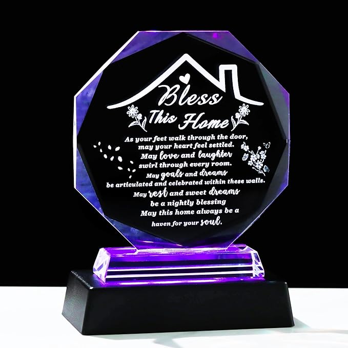 House Warming Gifts New Home Crystal Plaque with Colorful Base Bless This Home Decor HouseWarming New House Present For Family, Couple, Women Keepsakes Decor