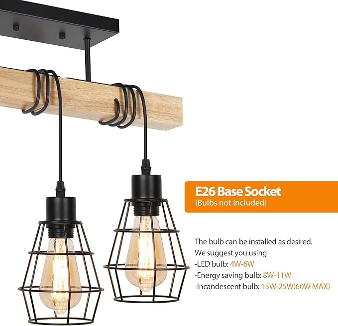 Chandelier Ceiling Light Fixture, 3-Light Semi Flush Mount Ceiling Lights with Metal Cage Lampshade, Pendant Lighting with Solid Wood for Bedroom, Dining Room, Living Room, Kitchen, Office