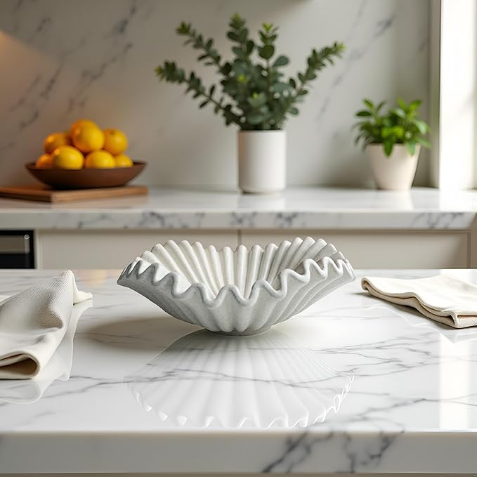 Large Decorative Bowl decor, Scalloped Pedestal Bowls for Modern Home Decor,Ruffle Decor,Stylish Key Bowl for Entry Table,Decorative Fruit Bowl for Kitchen Counter, Light Gray