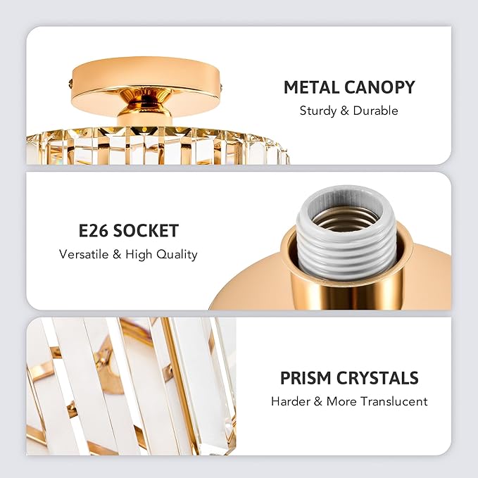 VONLUCE Crystal Ceiling Light Fixture, Semi Flush Mount Ceiling Light Modern Crystal Hallway Light, Gold Flush Mount Chandelier for Entryway Kitchen Bedroom Living Room Entryway