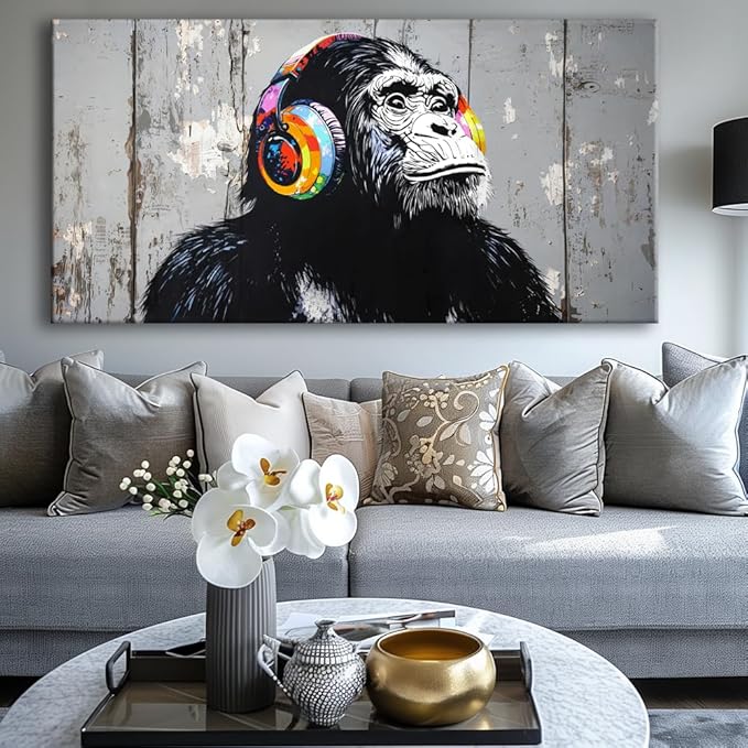 Wall Art Graffiti Gorilla Abstract Canvas Painting Textured Picture, Modern Landscape Artwork Framed for Living Room Bedroom Bathroom Office Home Decor 58x28in