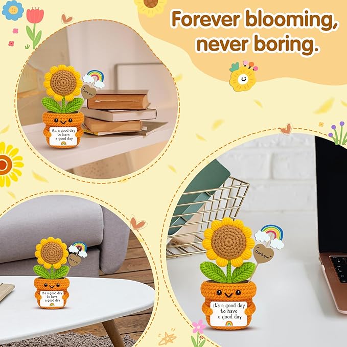 Crochet Sunflower Motivational Gift – It’s a Good Day to Have a Good Day – Handmade Positive Vibes Desk Decor for Teacher, Coworker, Friend, Office or Home Emotional Self Care Support
