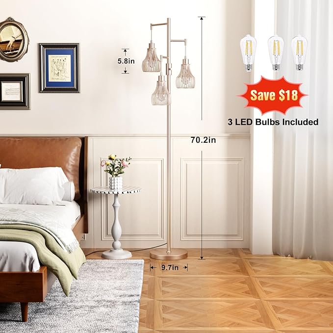 Dimmable Floor Lamps for Living Room, Industrial Tree Standing Tall Lamps with 3 Elegant Cage Shade & 650 Lumens LED Bulbs for Bedroom Office - Light Gold