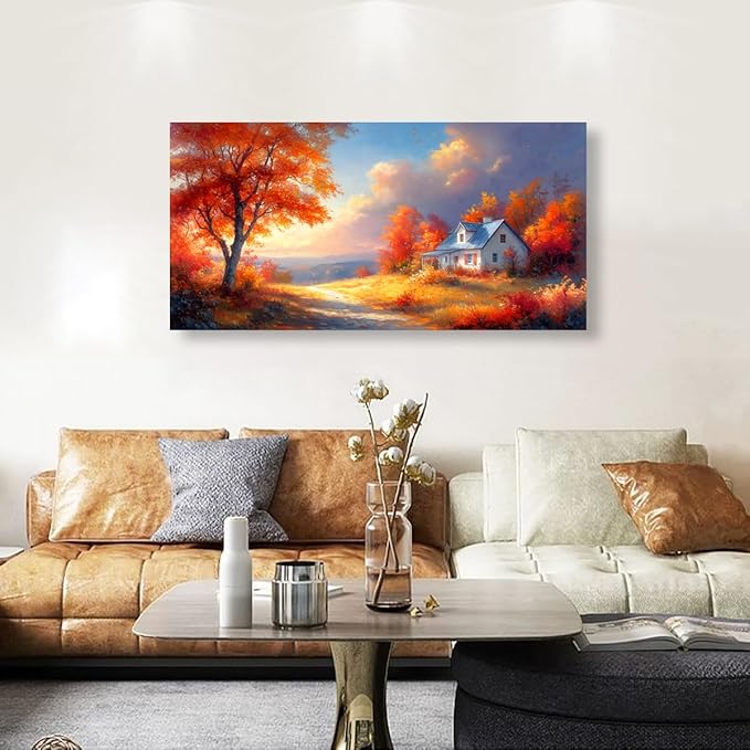 Village House Red Tree Canvas Wall Art Bedroom Wall Decor Living Room,Autumn Scenery Wall Art Office Kitchen Paintings Artwork Modern Abstract Pictures Art Prints Waterproof Ready to Hang-20x40inch