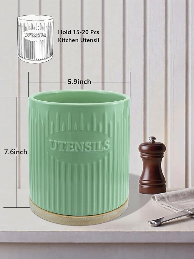 360° Rotating Utensil Holder, 7.6" Large Ceramic Kitchen Utensil Holder for Countertop with Bamboo Base, Stable Utensil Organizer, Farmhouse kitchen Decor, Green