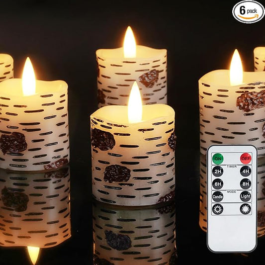 Homemory Flameless Votive Candles with Remote, 2" x 2" Birch Bark Real Wax, 400+Hour Realistic Black Wick Battery Operated Fake Candles, 6 Pack for Wedding, Party and Holiday Decoration