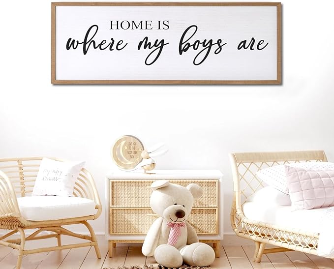 Home is Where My Boys are Sign Framed Wall Art, 32''×12'' Rustic Horizontal My Son Plaque with Natural Frame for Baby Kid Boy Son Teen Toddlers Room, Horizontal Mom of Boys Gifts Nursery Decor