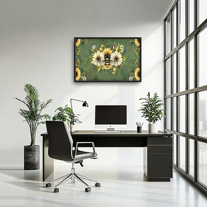 Flintis Large Bee Wall Art Bee Sunflower Pictures Wall Decor Abstract Animal Canvas Painting Print Artwork Decoration Framed for Living Room Bathroom Master Bedroom Office Dining Room 36L x 24W