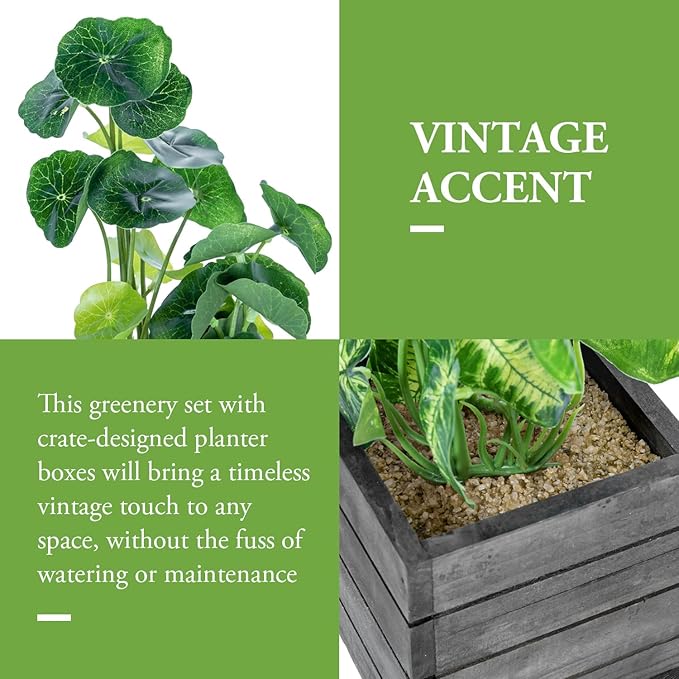 MyGift Trio of Artificial Assorted Green Leaf Plants Potted in Vintage Gray Wood Crate Style Square Boxes, Faux Foliage Indoor Tabletop Houseplants, 3 Piece Set