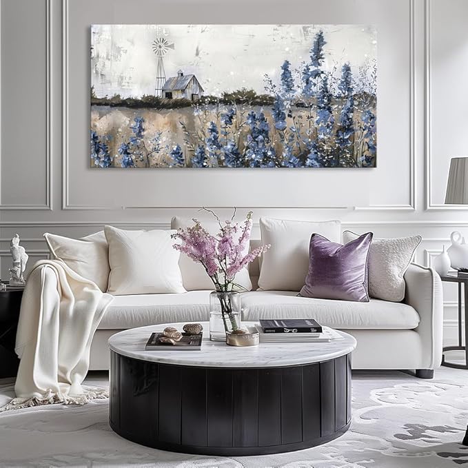 Wall Art Vintage Farmhouse Canvas Print Retro Countryside Flower Field Nature Meadow Landscape Rustic Windmill Barn Picture Framed Artwork for Home Bedroom Living Room Black Purple 48x24in