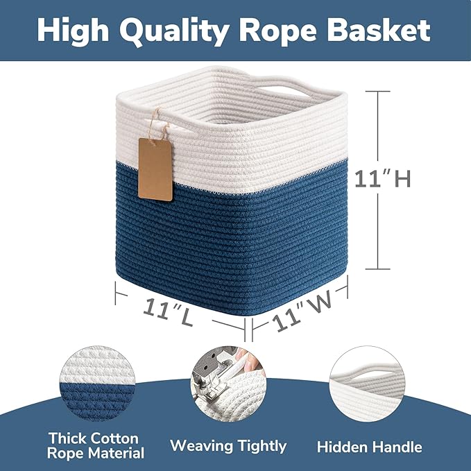 INDRESSME 11x11 Cube Storage Bins, 3-Pack Woven Baskets for Shelves Kids Toy Bins Bathroom and Playroom Basket Organizer, Nursery Laundry Basket, White & Blue