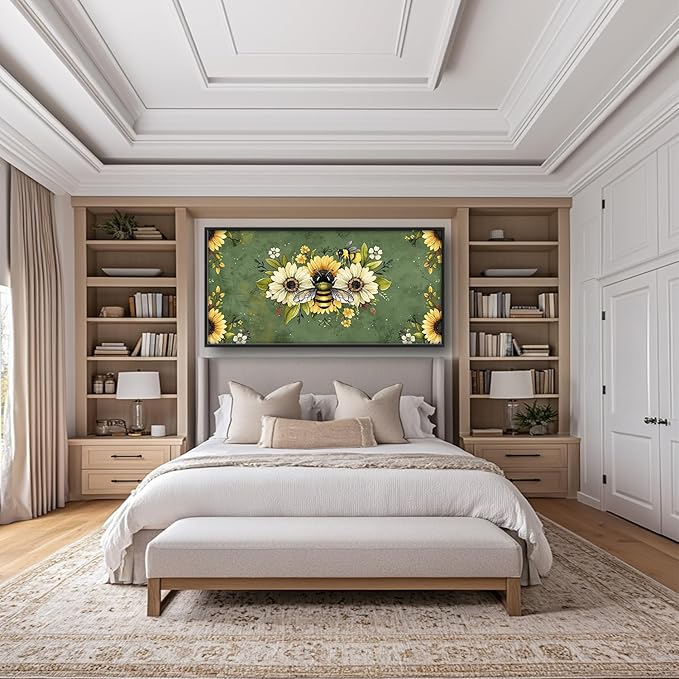 Flintis Large Bee Wall Art Bee Sunflower Pictures Wall Decor Abstract Animal Canvas Painting Print Artwork Decoration Framed for Living Room Bathroom Master Bedroom Office Dining Room 60L x 30W