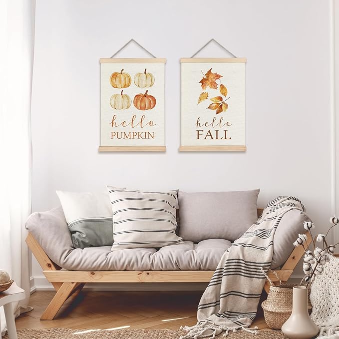 Supwhd Hello Pumpkin Fall Leaf Wall Art with Wooden Poster Hanger, Fall Wall Decor, Fall Posters, Farmhouse Fall Autumn Harvest Thanksgiving Wall Art Decor, Fall Home Decor, 12x16 Set of 2