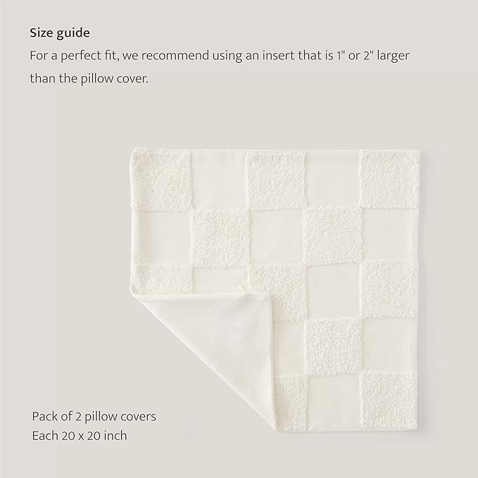 Double Stitch Checkered Throw Pillow Covers - 100% Cotton Set of 2 Tufted Boho Decorative Pillow Covers 20x20, Made in India, Square Cushion Case, Modern Home Decor for Couch, Sofa, Living Room, Cream