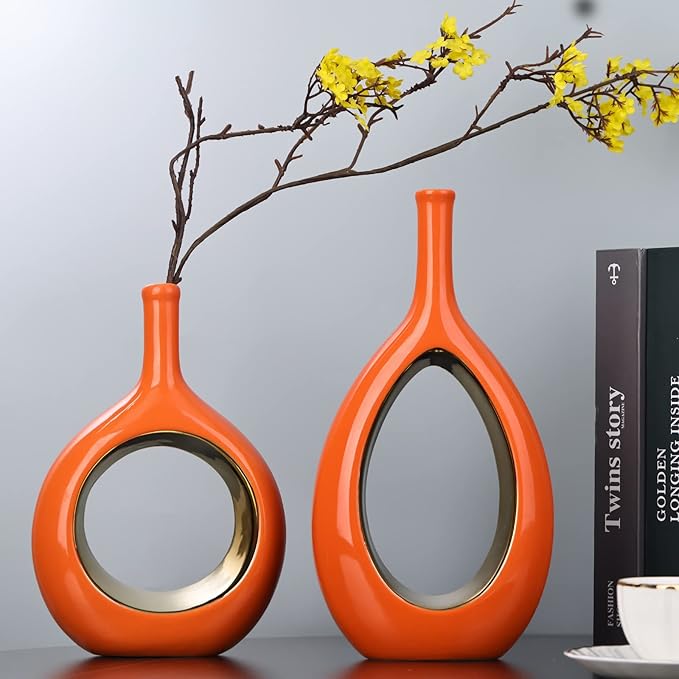 Orange and Gold Vase Ceramic Orange Vases Home Decor,Modern Minimalist Circle with Hole Decorative Vase, Hollow Ellipse Flower vases for Bookshelf, Fireplace Mantle,Centerpieces,Farmhouse,Rustic Décor