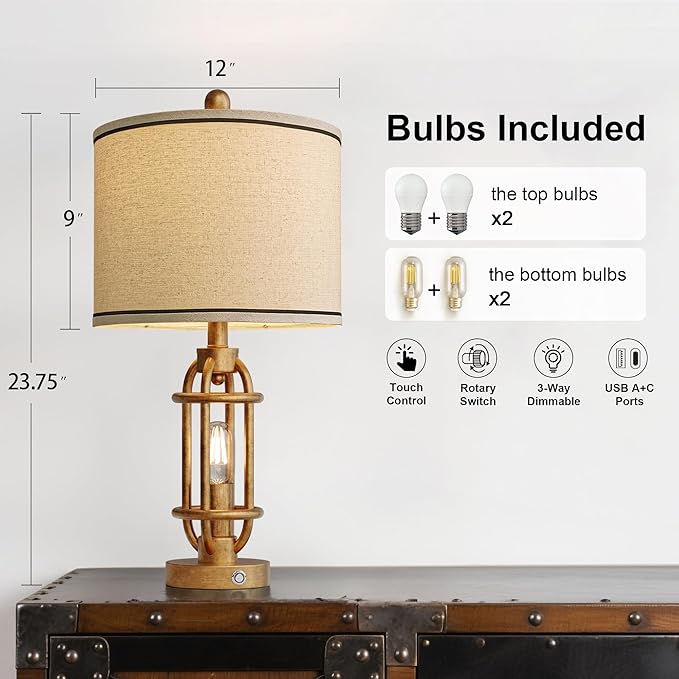 23.75'' Table Lamps Set of 2 for Living Room Bedroom Industrial Farmhouse Metal Touch Lamps with USB A+C Ports, Night Light Vintage Nightstand Bedside Lamp, Bulbs Included, Antique Gold