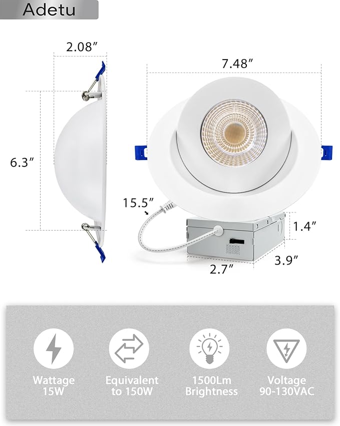 Adetu 6 Inch 360+90 Adjustable Directional Gimbal LED Recessed Lights, 5CCT Dimmable Retrofit Eyeball Can Recessed Lights with Jbox, White (6 Pack)