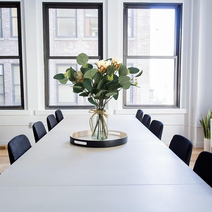 Artificial Eucalyptus Leaves in Glass Vase, 16.1" Eucalyptus Leaves Green Branches 7 Branches Faux Greenery Stems for Home Office Farmhouse Wedding Centerpiece Décor (White)