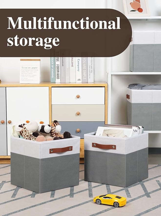 Temary 11x11 Storage Cubes Fabric Cube Storage Bins with Handles Clothes Storage Boxes Baskets for Organizing Home, Shelf, Closet (White&Grey, 11 x 11 x 11)