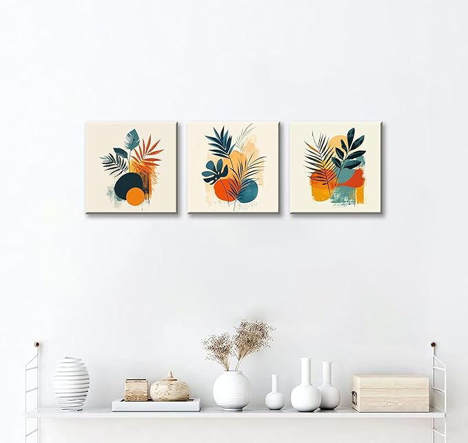 NAN Wind 3Pcs Modern Abstract Botanical Canvas Wall Art Colorful Leaf Prints Contemporary Floral Art for Living Room Minimalist Plant Decor Geometric Canvas Set Ready to Hang for Home Decor
