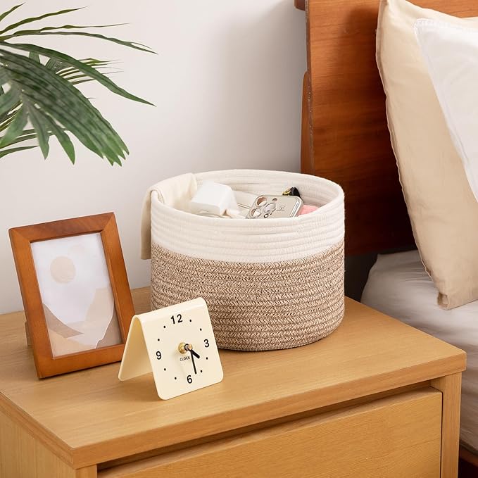 OIAHOMY Small Storage Baskets for Organizing,Closet Cube Shelf Storage, 9.8”×9.8”×7.1”, Woven Cotton Rope Gift Baskets for Nursery,Cute Dog Toy bins, Round 3 Packs, White & Brown