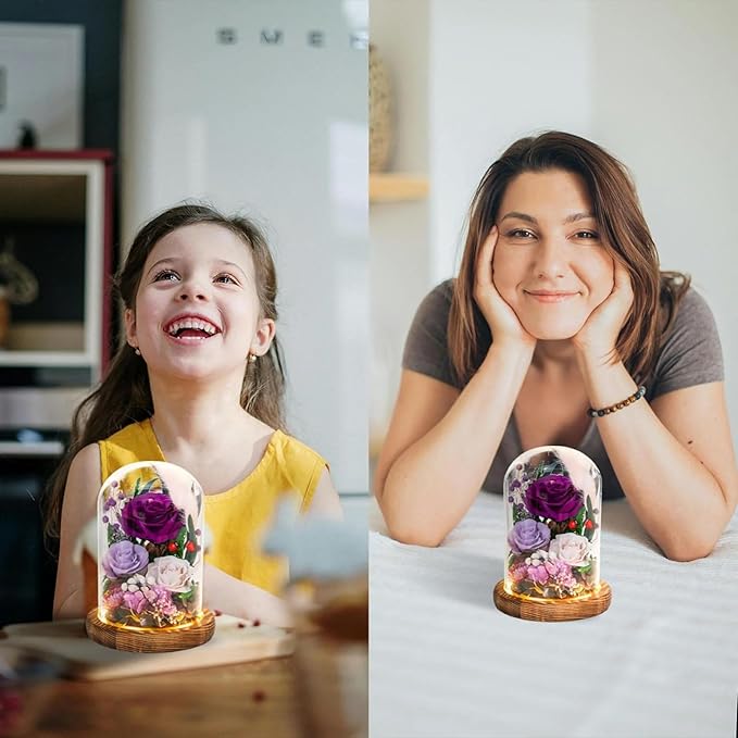 Forever Flowers with Symbolic Ladybugs: Preserved Flowers Gift for Women-Romantic Table Centerpiece-Valentines, Anniversary, Mothers Gifts for Her-Flowers for Delivery Prime (Purple)