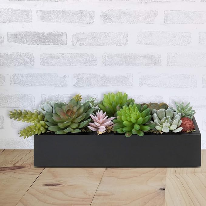 MyGift 12 Inch Modern Artificial Succulent Plants Arrangement Centerpiece in Black Rectangular Wood Planter Box