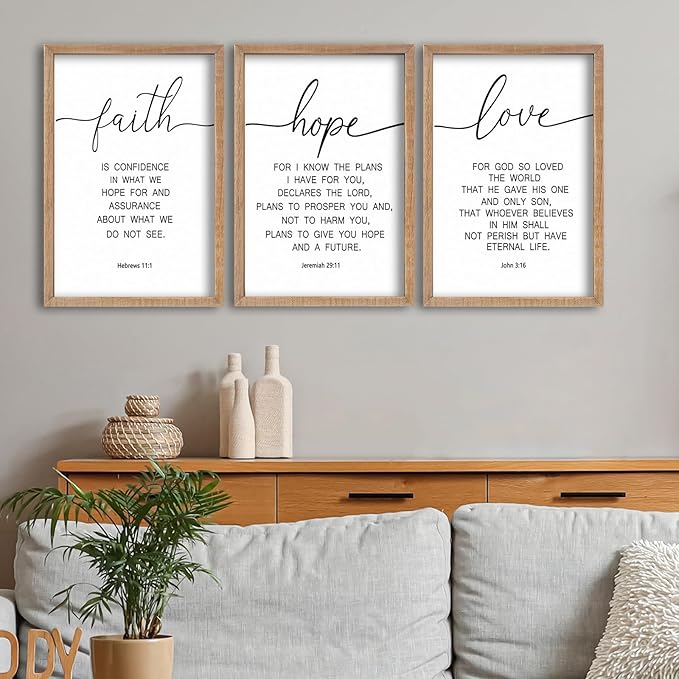 SRSZHIYUE Bible Verse Wall Decor Faith Hope and Love 16''×11'' Set of 3 Catholic Prayer Family Living Room Sign Farmhouse Scripture Quote Christian Minimalist Art Inspirational Wall Hanging (Wood)