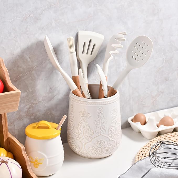 Utensil Holder, Large Kitchen Utensil Holder for Counter, 6.7”Ceramic Cooking Utensils Holder, Kitchen Decor for Counter (White)