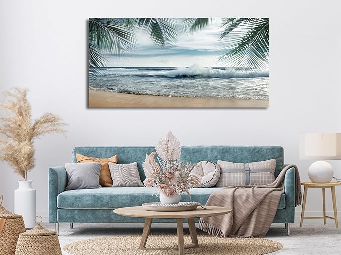 arteWOODS Tropical Beach Canvas Wall Art - Ocean Waves Pictures Coastal Oceanic Blue Sky Sea Print Seaside Palm Tree Leaves Scene Painting Artwork Living Room Bedroom Office Home Decor 29" x 58"