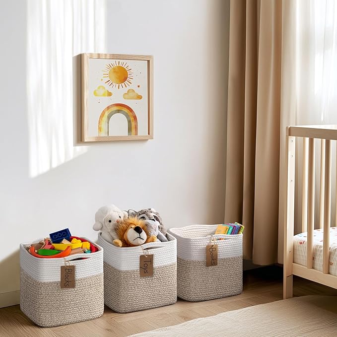 INDRESSME 11x11 Cube Storage Bins, 3-Pack Rope Woven Baskets for Organizing Storage Baskets for Shelves Gift Organization Empty Square Toy Bins for Classroom, Nursery Closet, White & Brown