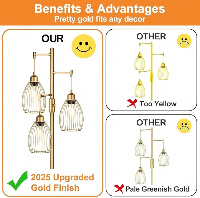 Dimmable Industrial Floor Lamps for Living Room, Gold Tree Standing Tall Lamps with 3 Elegant Teardrop Cage Head & 800 Lumens LED Bulbs for Bedroom Office