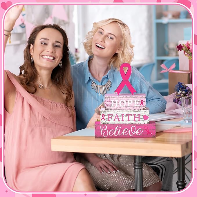 Geelin 4 Pcs Breast Cancer Awareness Wooden Table Centerpiece Decorations Blocks Tiered Tray Decor Fight Cancer Theme Pink Ribbon Table Top Sign for Home