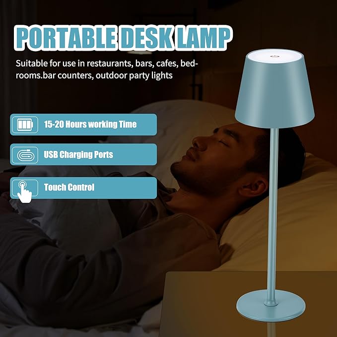 Cordless Table Lamps USB Rechargeable Simplicity Desk Lamp Built-in 4600 mAh Battery LED Battery Operated lamp with Touch Control Table lamp - Bedroom/Desk/Reading/Patio(2Pack-Light Blue)