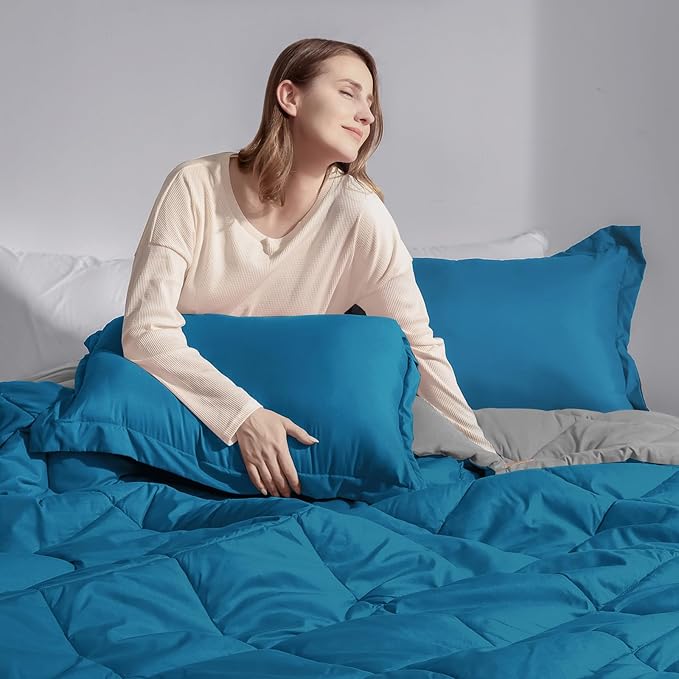 Basic Beyond Queen Comforter Set - Blue Comforter Set Queen, Reversible Bed Comforter Queen Set for All Seasons, Algiers Blue/Charcoal Gray, 1 Comforter (88"x92") and 2 Pillow Shams (20"x26"+2")