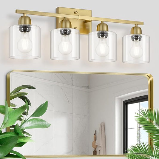 4 Light Gold Light Fixture Bathroom, Brushed Gold Vanity Light with Clear Glass, Lights for Bathroom Mirror for Mirror Living Room Bedroom Hallway E26 Base