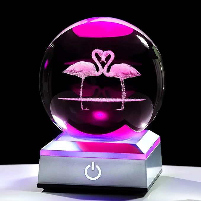 Ornalrist Flamingo Gifts for Women - 3D Crystal Ball 3.15'' with Multicolor Led Light Base - Flamingo Gifts for Kids, Girls - K9 Crystal Ball with LED Base Night Light Home Office Decor
