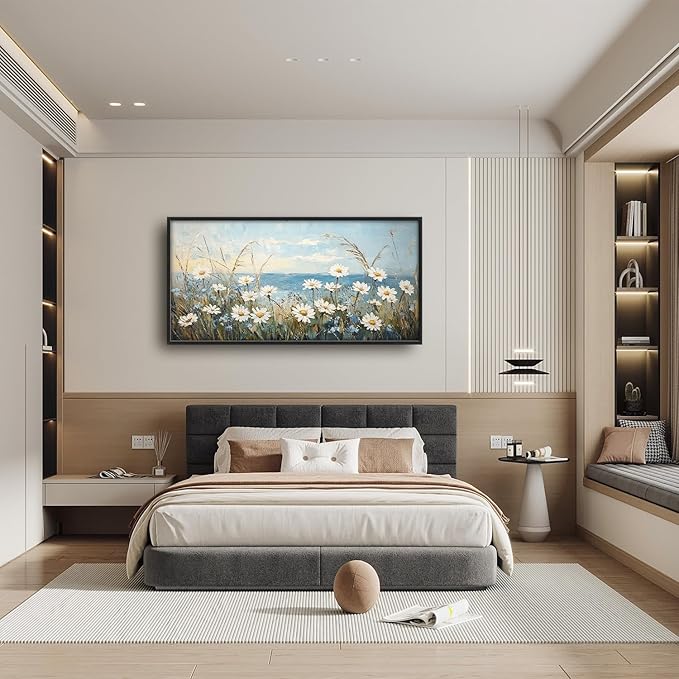 Flintis Large Ocean Daisy Framed Wall Art Beach Daisy Flower Pictures Wall Decor Abstract Natural Landscape Canvas Painting Print Artworks Framed for Living Room Bathroom Master Bedroom 60L X 30W