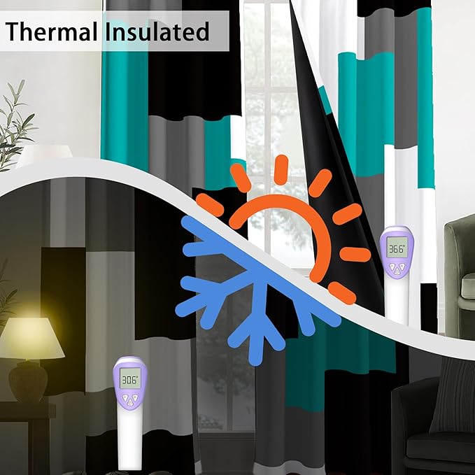 Teal/Turquoise 100% Blackout Curtains 45 inch Length 2 Panels Set Black White Grey Modern Abstract Geometric Drapes for Kitchen Curtains Insulated Room Darkening Small Window Curtains, 42Wx45L