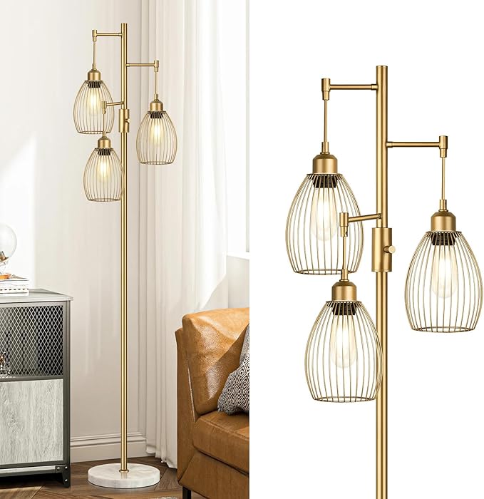 Dimmable Floor Lamps for Living Room, Industrial Standing Lamp with Marble Base, Gold Tree Tall Pole Light with 3 Elegant Teardrop Cage Head & 800 Lumens LED Bulbs for Bedroom Office