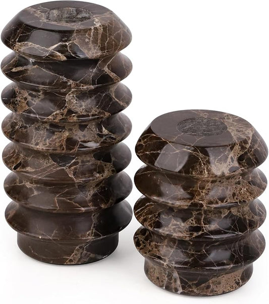 HofferRuffer Marble Candlestick Holders, Set of 2 Natural Stone Candle Holder Decorative Candle Stands for Wedding, Dinning, Party, Table Centerpieces, Fits 3/4'' Thick Candles (MarbleBrown)