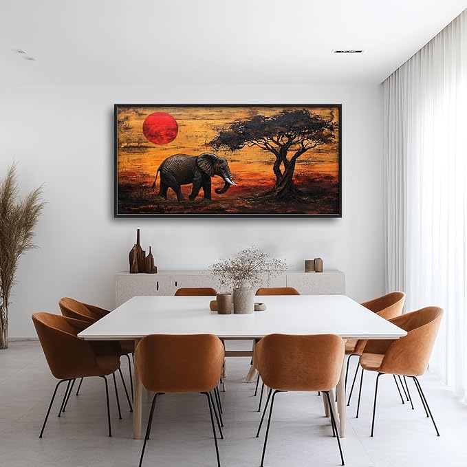 Elephant Framed Wall Art for Living Room, Large African Elephant Canvas Wall Decor, Wild Animal Sunset Pictures Painting, Modern Artwork for Bathroom Bedroom 60L'' × 30W''